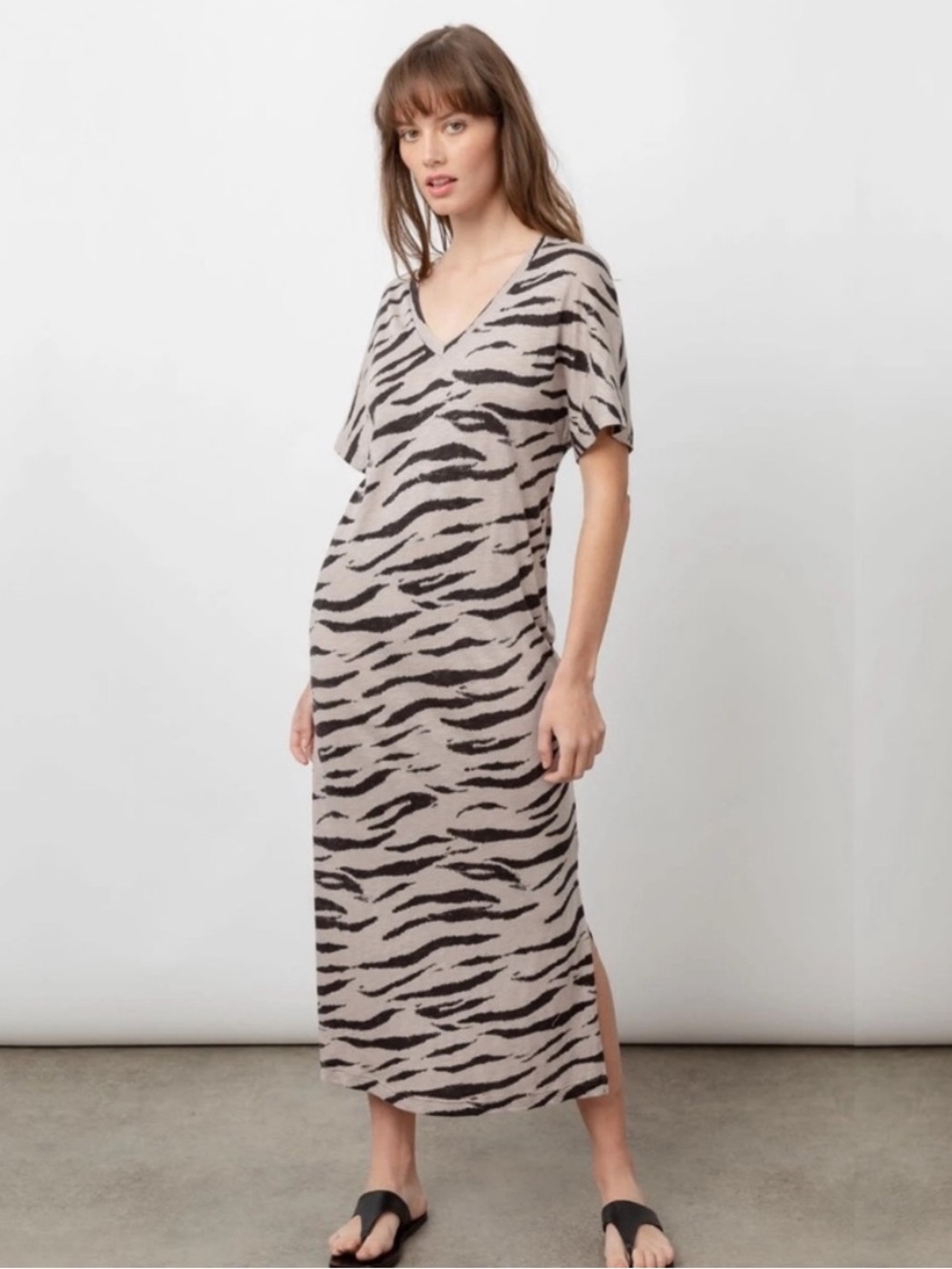 Rails Ren 100% Cotton V-neck Midi Dress Watercolor Beige Tiger Print Medium